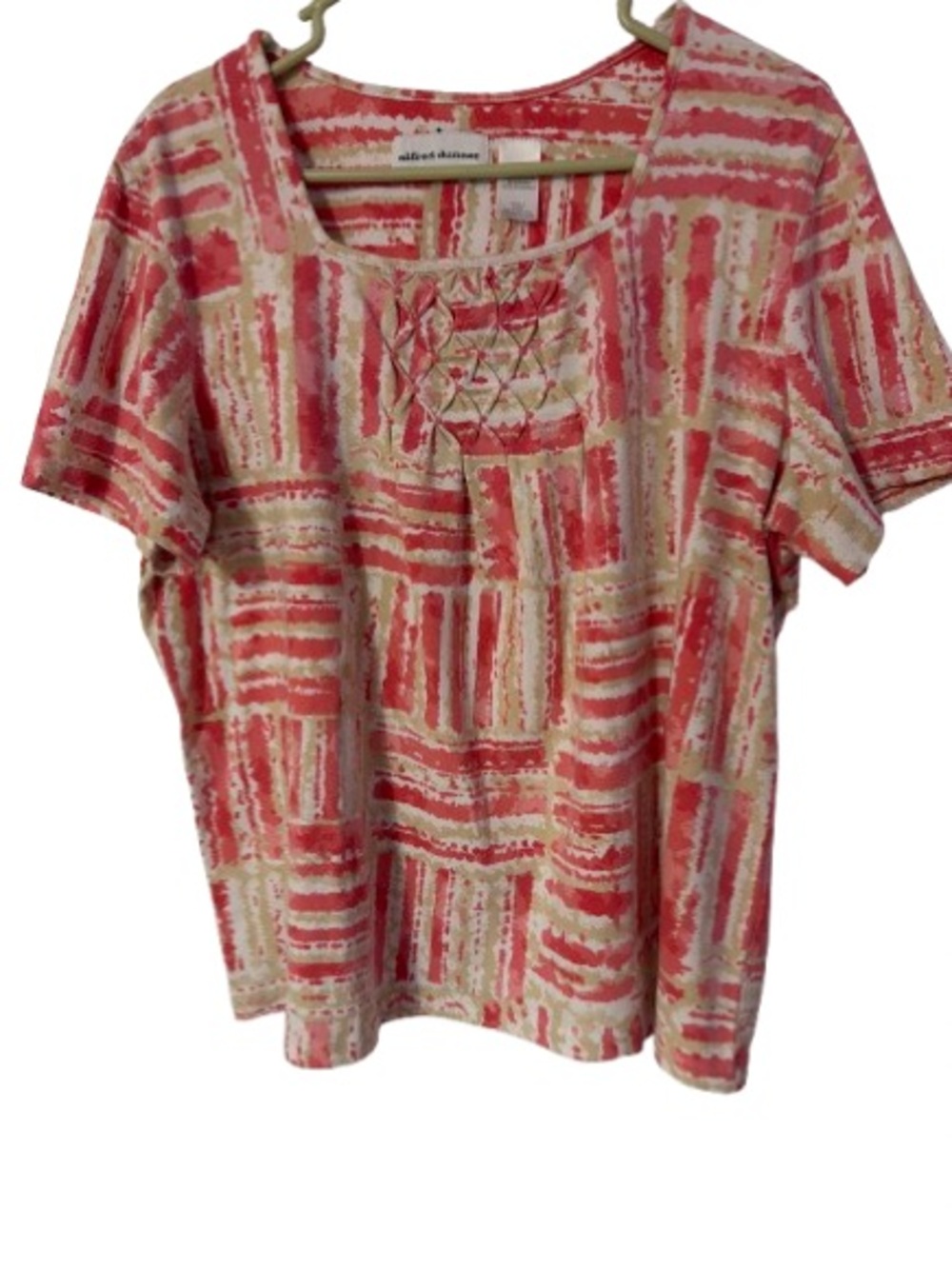 Alfred Dunner Short Sleeve Square Neck Coral Geometric -Smock detail Size Large